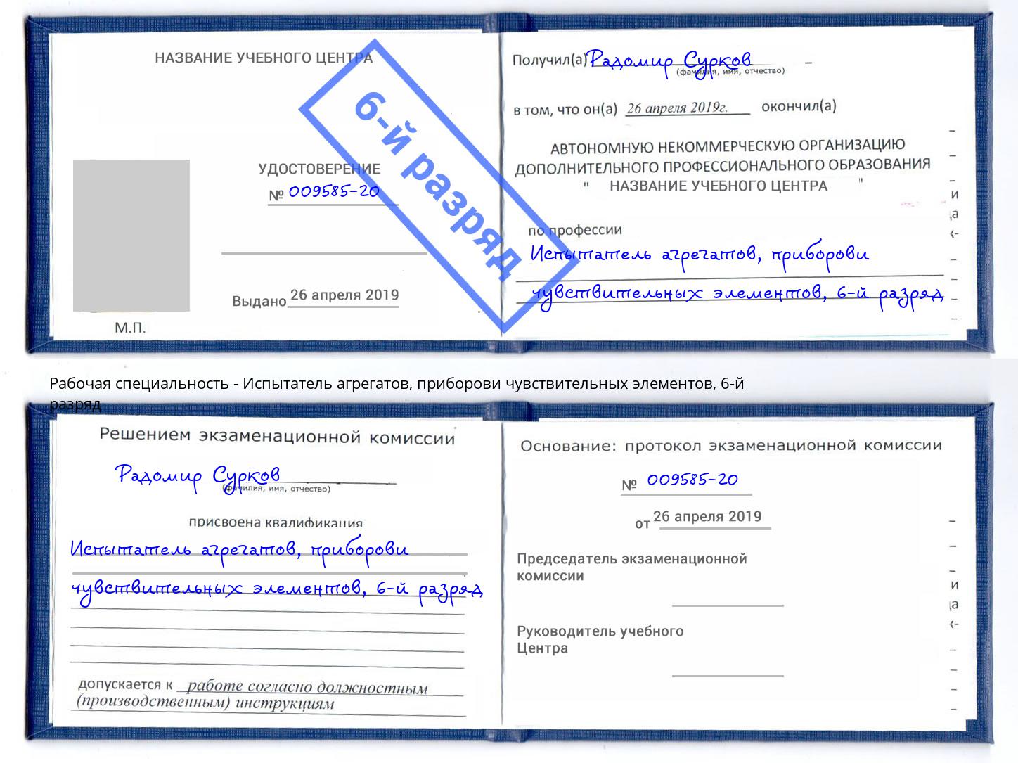 корочка 6-й разряд Испытатель агрегатов, приборови чувствительных элементов Кудымкар