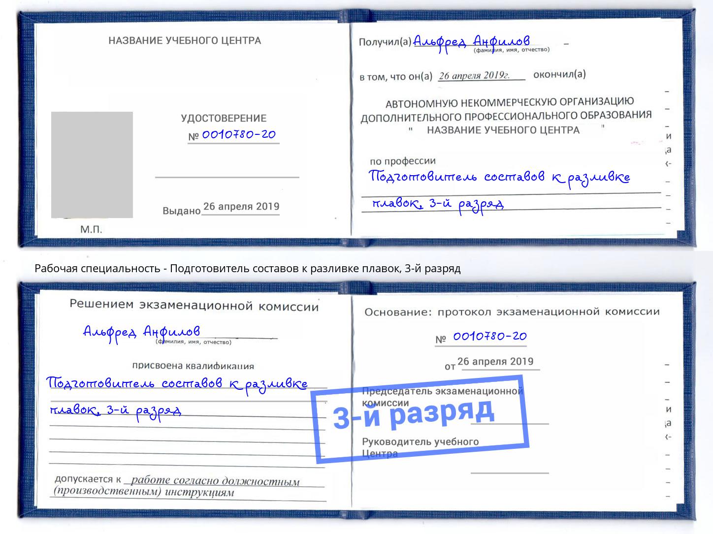 корочка 3-й разряд Подготовитель составов к разливке плавок Кудымкар