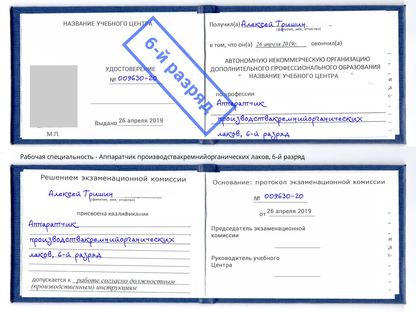 корочка 6-й разряд Аппаратчик производствакремнийорганических лаков Кудымкар