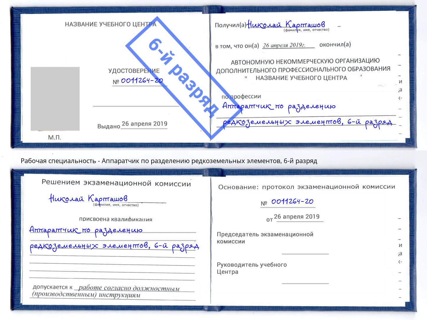 корочка 6-й разряд Аппаратчик по разделению редкоземельных элементов Кудымкар